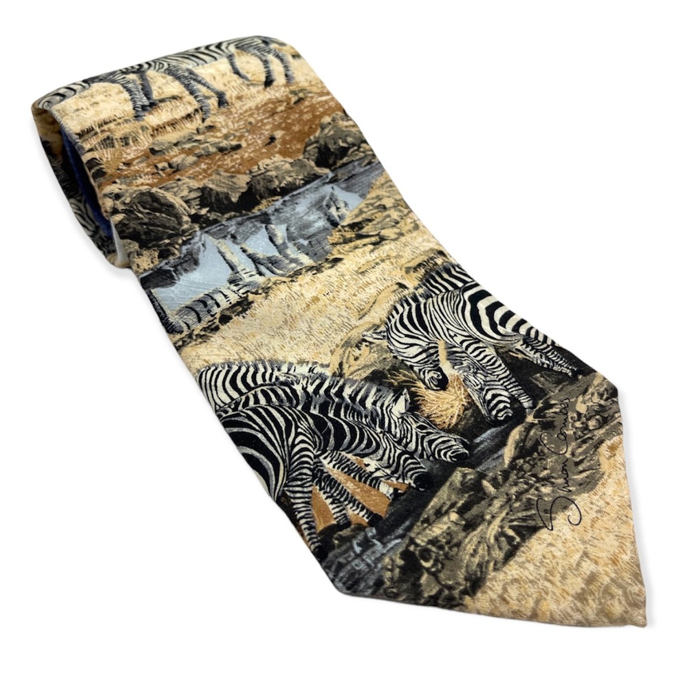 Simon Combes 100% silk necktie endangered species ‘the zebra herd’